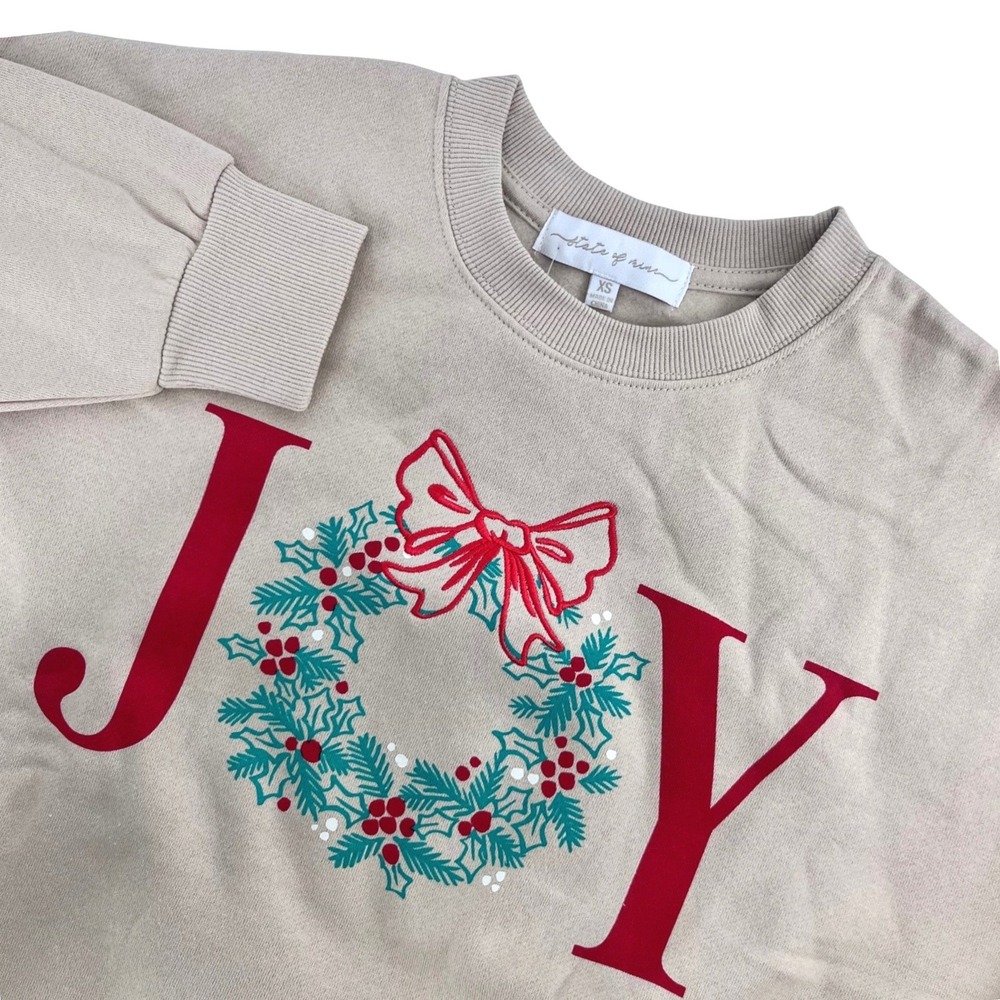 NWT State of‎ Mine Womens Sweatshirt X Small Tan JOY Holiday Wreath Graphic